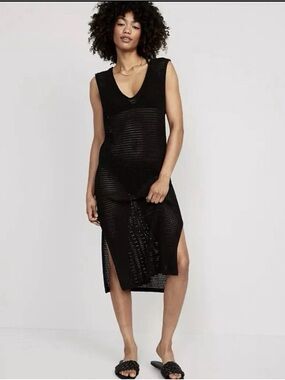 Old Navy Crochet Cover-Up Midi Dress Knit Sleeveless Swim XL Boho Black Beachy